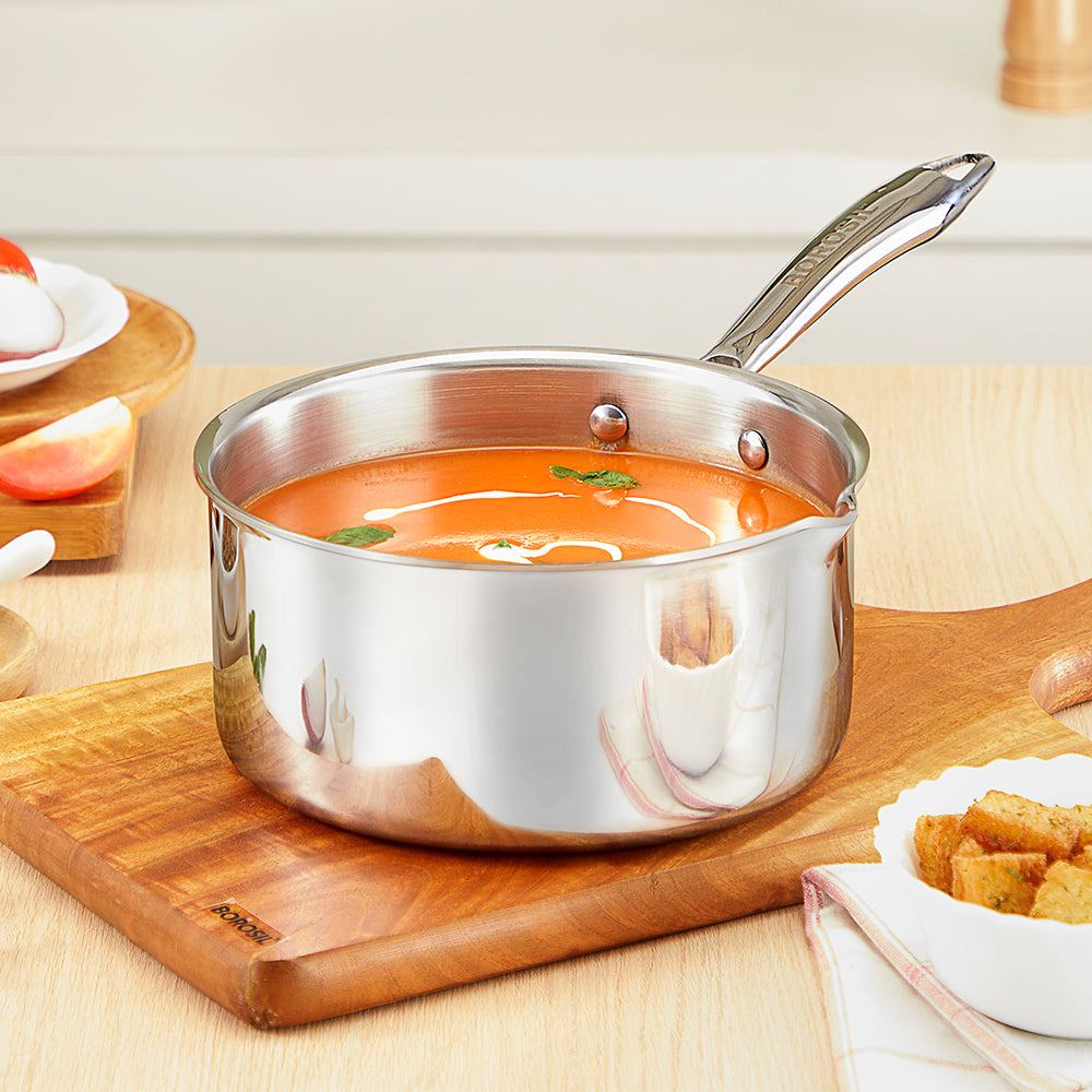 Borosil Cookfresh Triply Saucepan w Spout (Steel Handle), 2.1L/18cm
