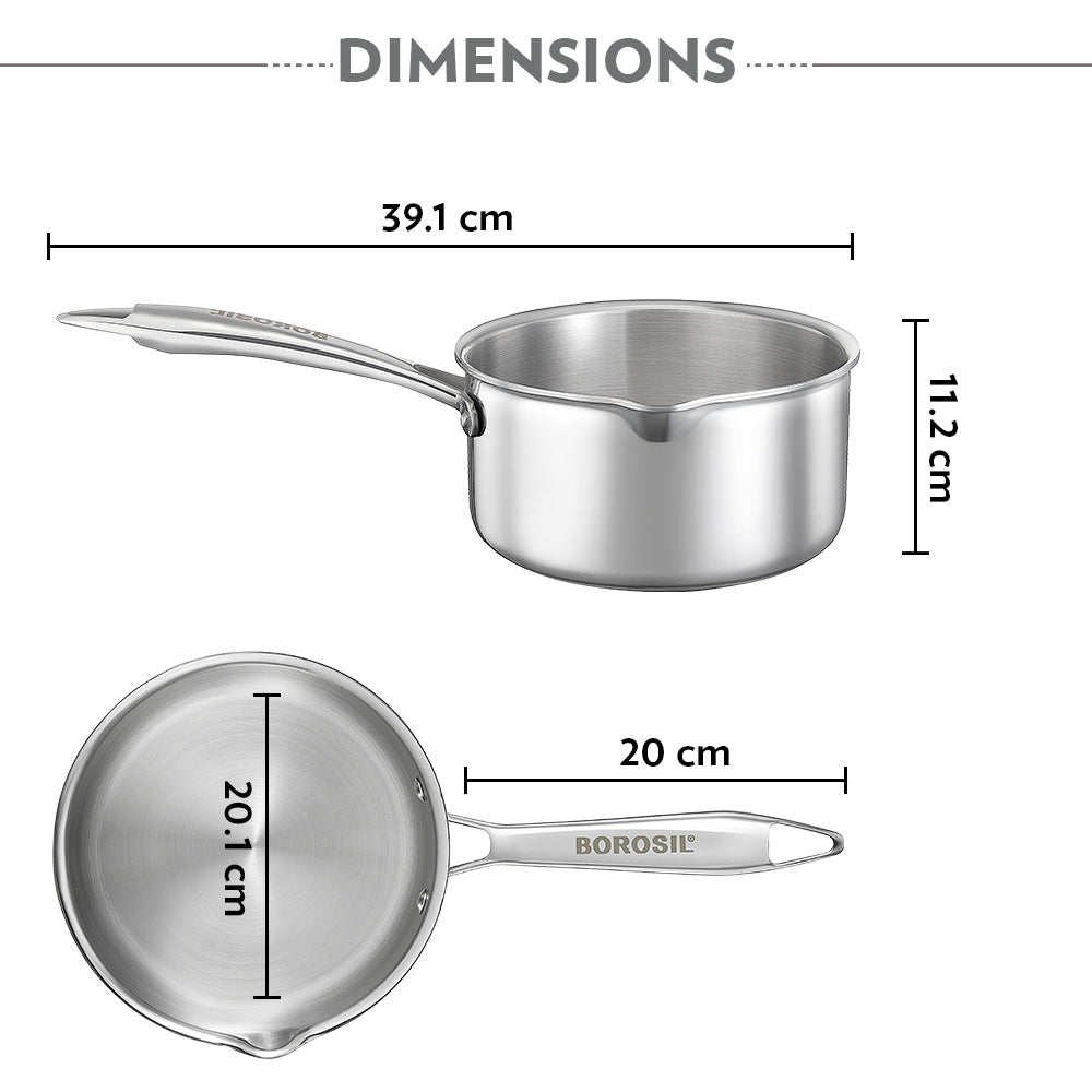 Borosil Cookfresh Triply Saucepan w Spout (Steel Handle), 2.1L/18cm