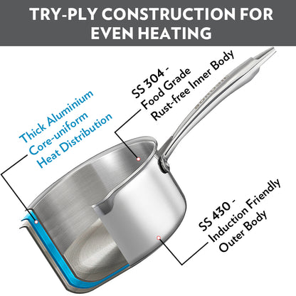 Borosil Cookfresh Triply Saucepan w Spout (Steel Handle), 2.1L/18cm