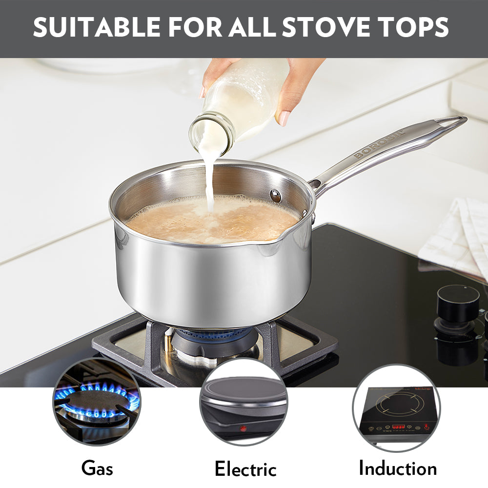 Borosil Cookfresh Triply Saucepan w Spout (Steel Handle), 2.1L/18cm