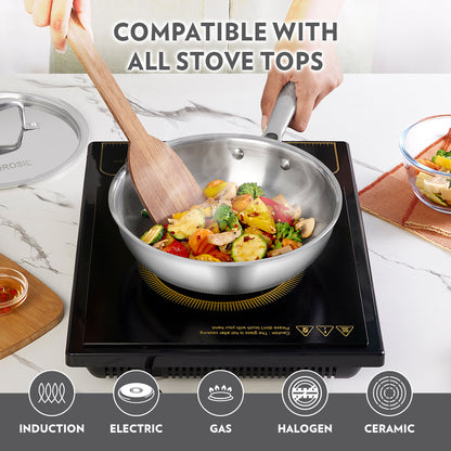 Borosil Cookfresh SS Tri-ply Wok with Lid, 1.75L/20cm