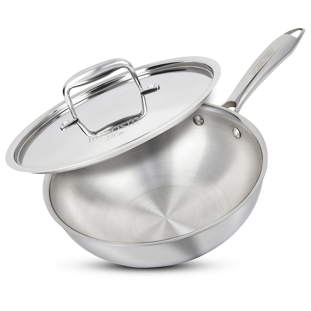 Borosil Cookfresh SS Tri-ply Wok with Lid, 2.25L/22cm