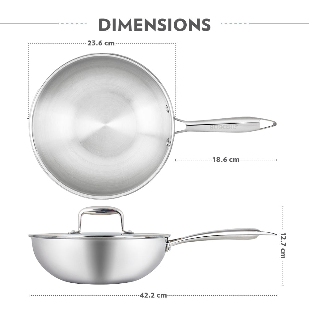 Borosil Cookfresh SS Tri-ply Wok with Lid, 2.25L/22cm