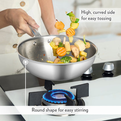 Borosil Cookfresh SS Tri-ply Wok with Lid, 2.25L/22cm