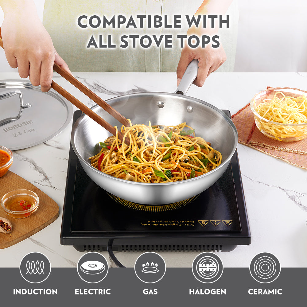 Borosil Cookfresh SS Tri-ply Wok with Lid, 2.85L/24cm