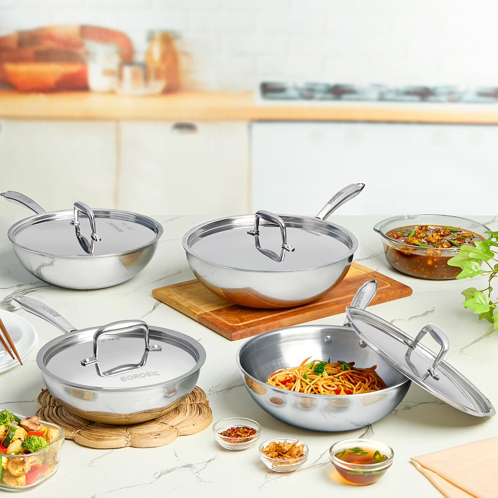 Borosil Cookfresh SS Tri-ply Wok with Lid, 3.5L/26cm