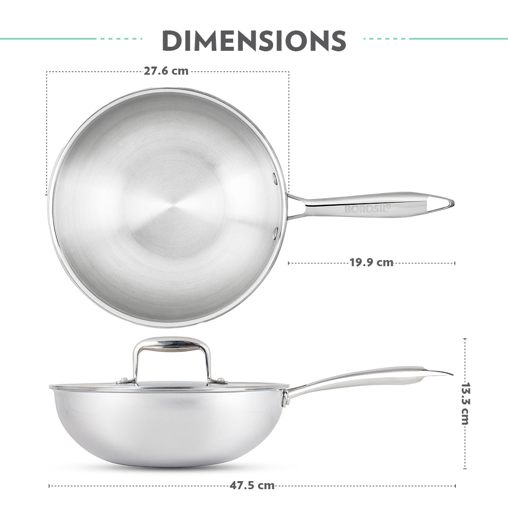 Borosil Cookfresh SS Tri-ply Wok with Lid, 3.5L/26cm