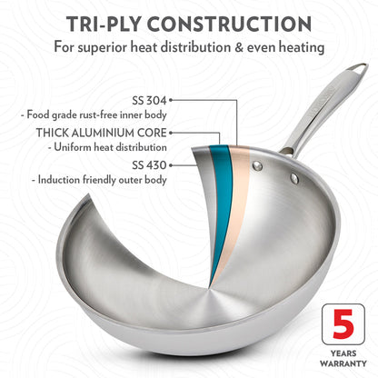 Cookfresh Stainless Steel Triply Wok with Lid