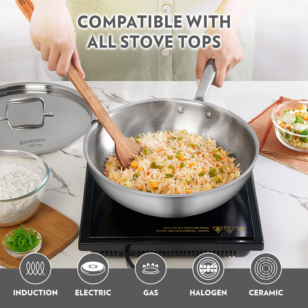 Borosil Cookfresh SS Tri-ply Wok with Lid, 3.5L/26cm