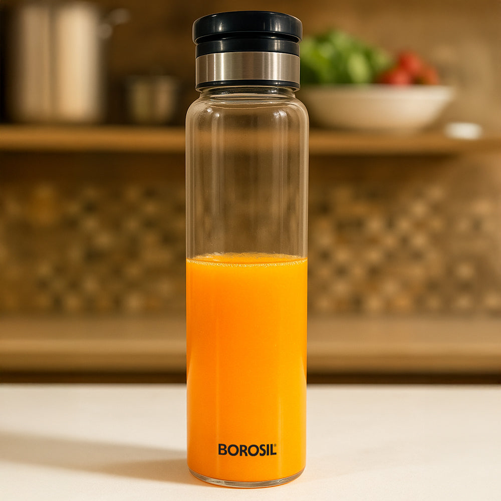 Borosil EasyGo Glass Bottle w Black SS Lid, Easy Grip Lid