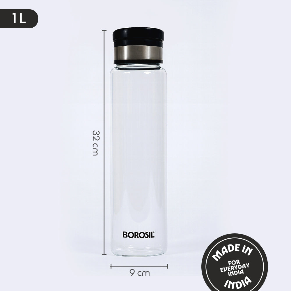 Borosil EasyGo Glass Bottle w Black SS Lid, Easy Grip Lid