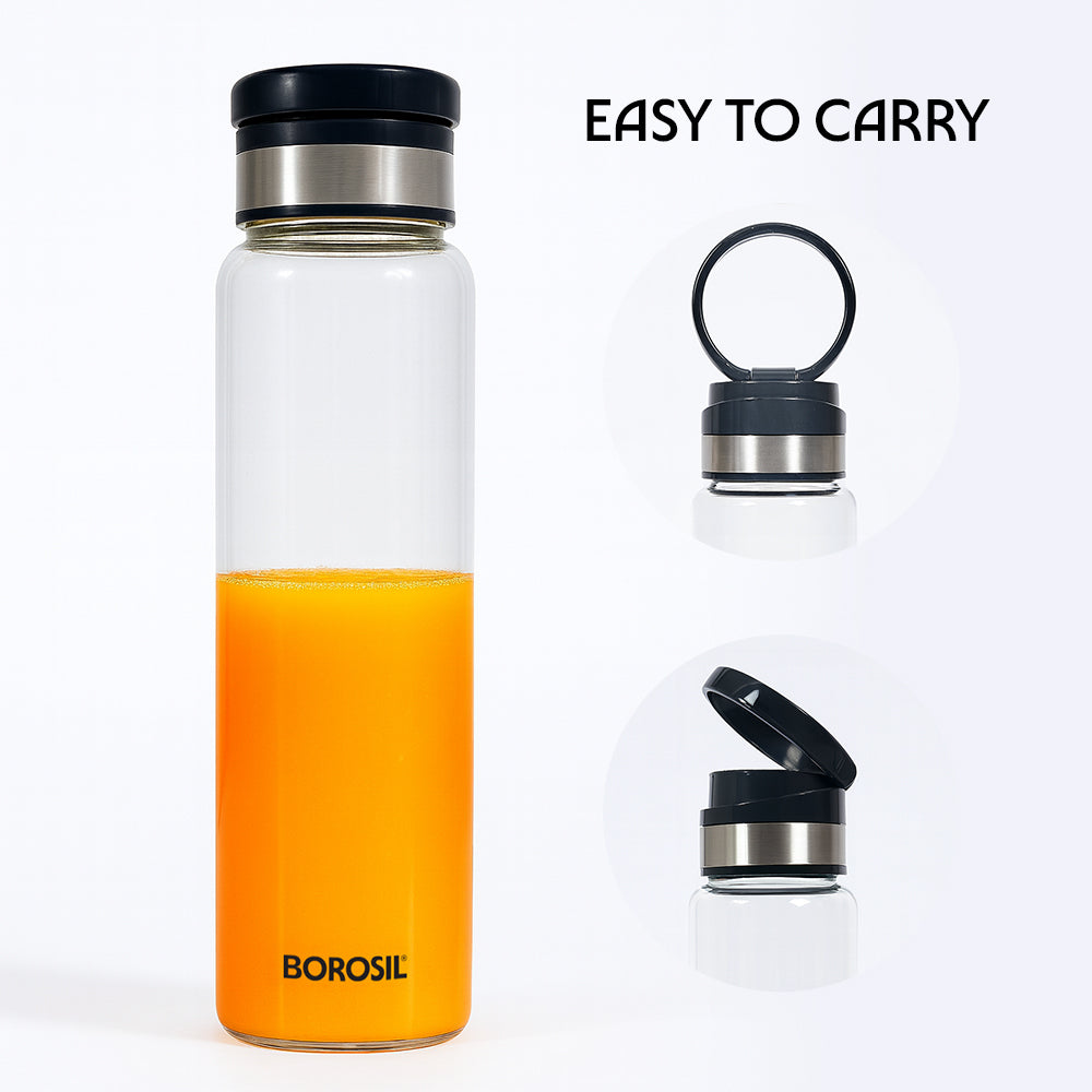 Borosil EasyGo Glass Bottle w Black SS Lid, Easy Grip Lid