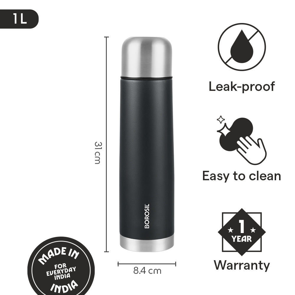 Borosil Thermo Double Wall Insulated Bottle 1L, Matte Black