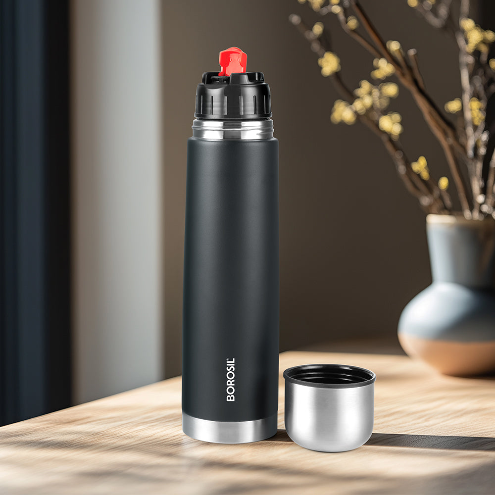 Borosil Thermo Double Wall Insulated Bottle 1L, Matte Black