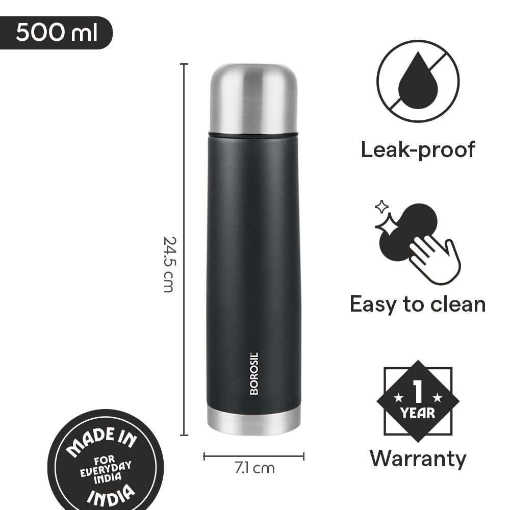 Borosil Thermo Double Wall Insulated Bottle 500ml, Matte Black