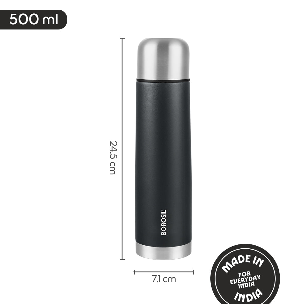 Borosil Thermo Double Wall Insulated Bottle 500ml, Matte Black