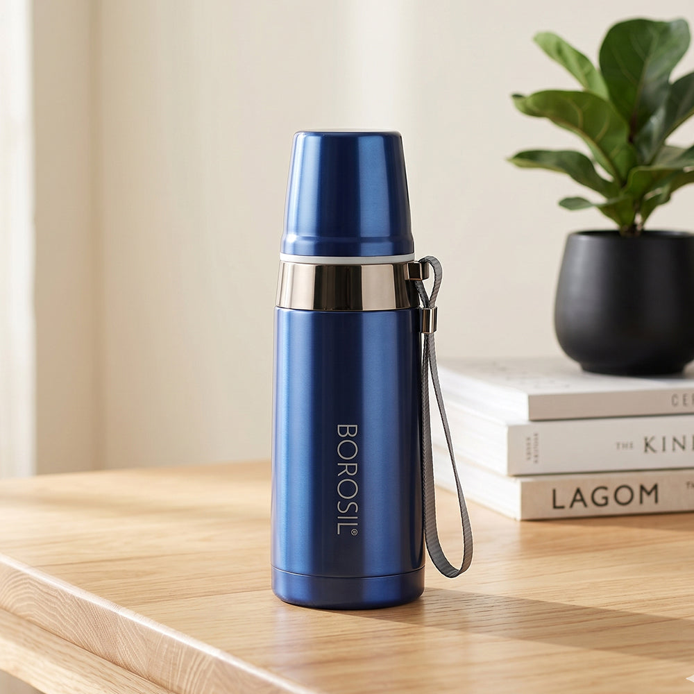 Prism Vaccum Insulated Bottle with Glass, Blue