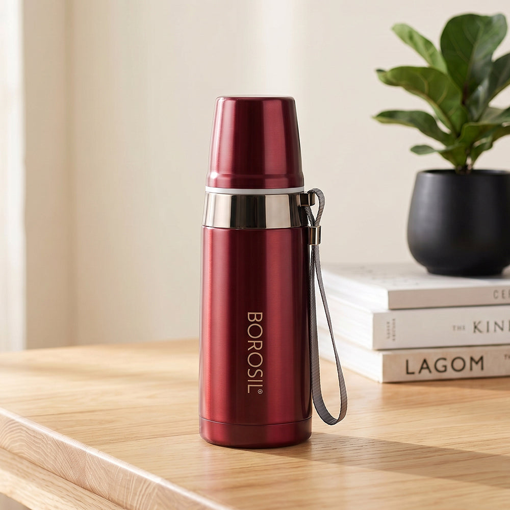 Prism Vaccum Insulated Bottle with Glass, Red