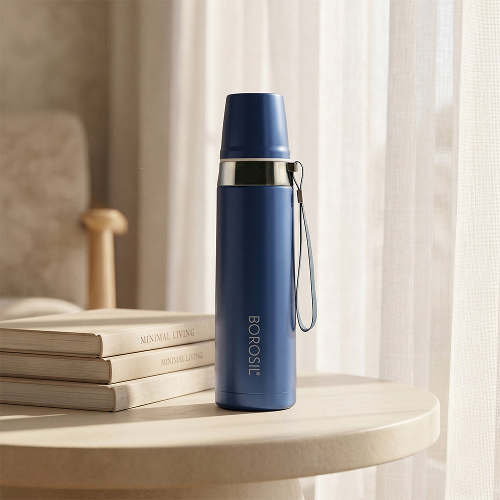 Prism Vaccum Insulated Bottle with Glass, Blue