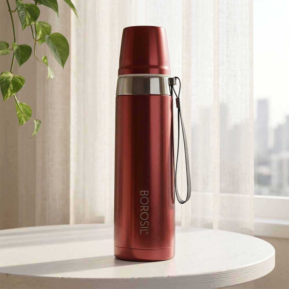 Prism Vaccum Insulated Bottle with Glass, Red