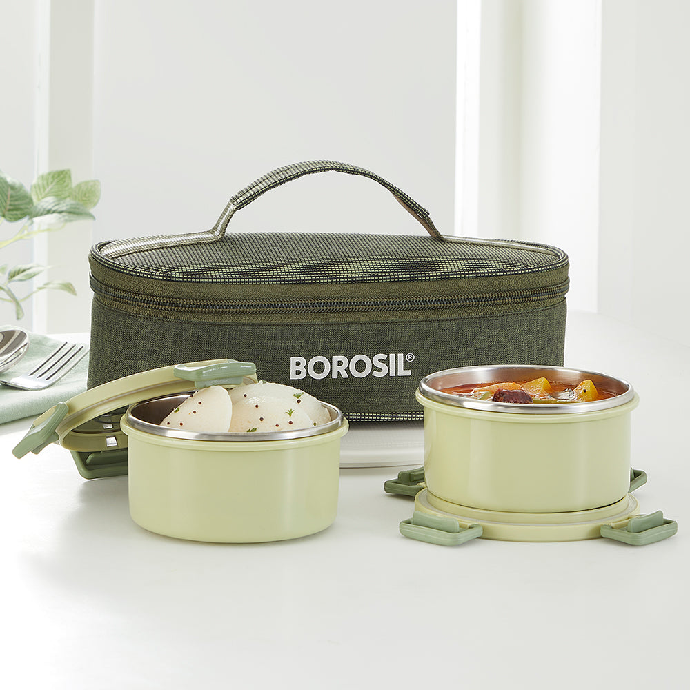 Borosil Glory Green Lunchbox, Set of 2, Flat, 280ml