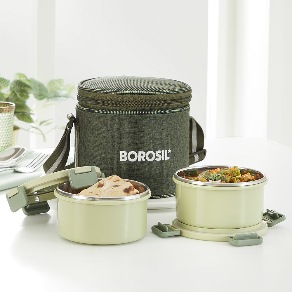 Borosil Glory Green Lunchbox Set of 2, Tall