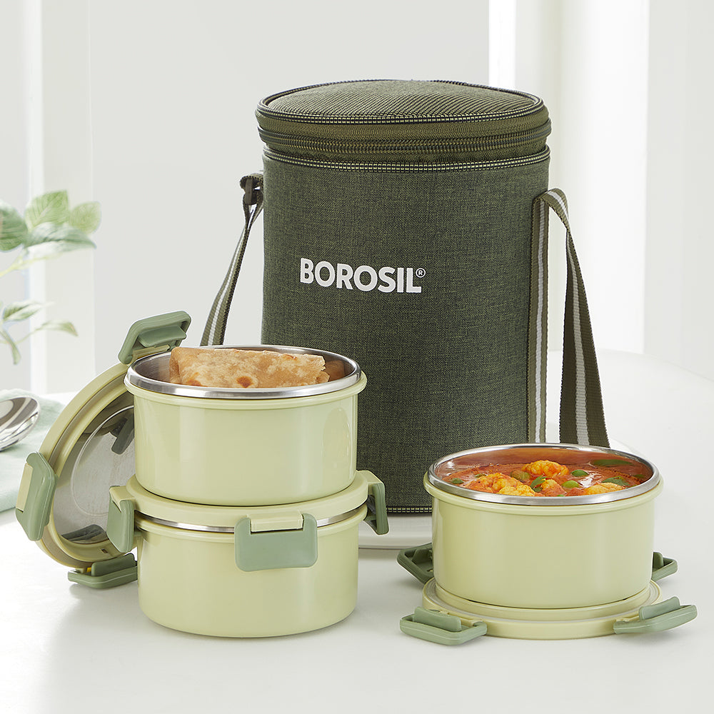 Borosil Glory Green Lunchbox, Set of 3, Tall