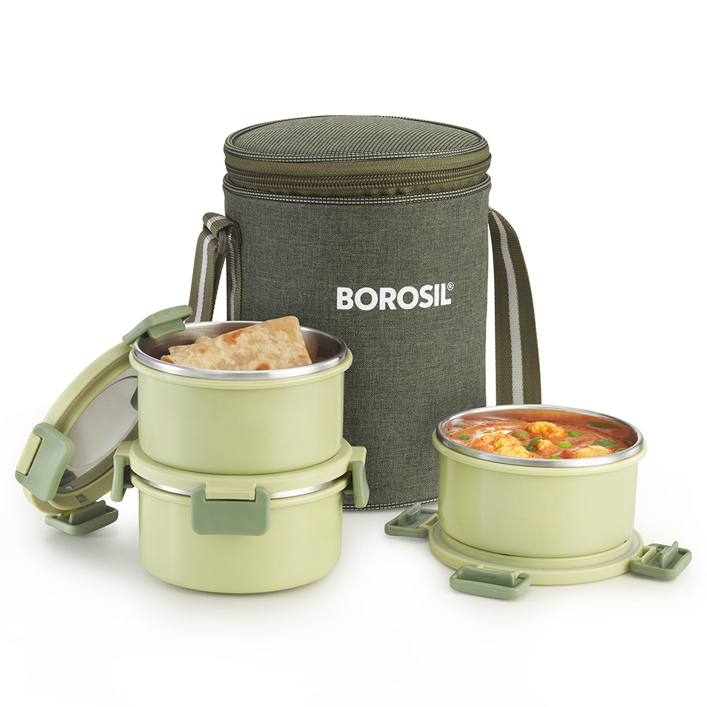 Borosil Glory Green Lunchbox, Set of 3, Tall