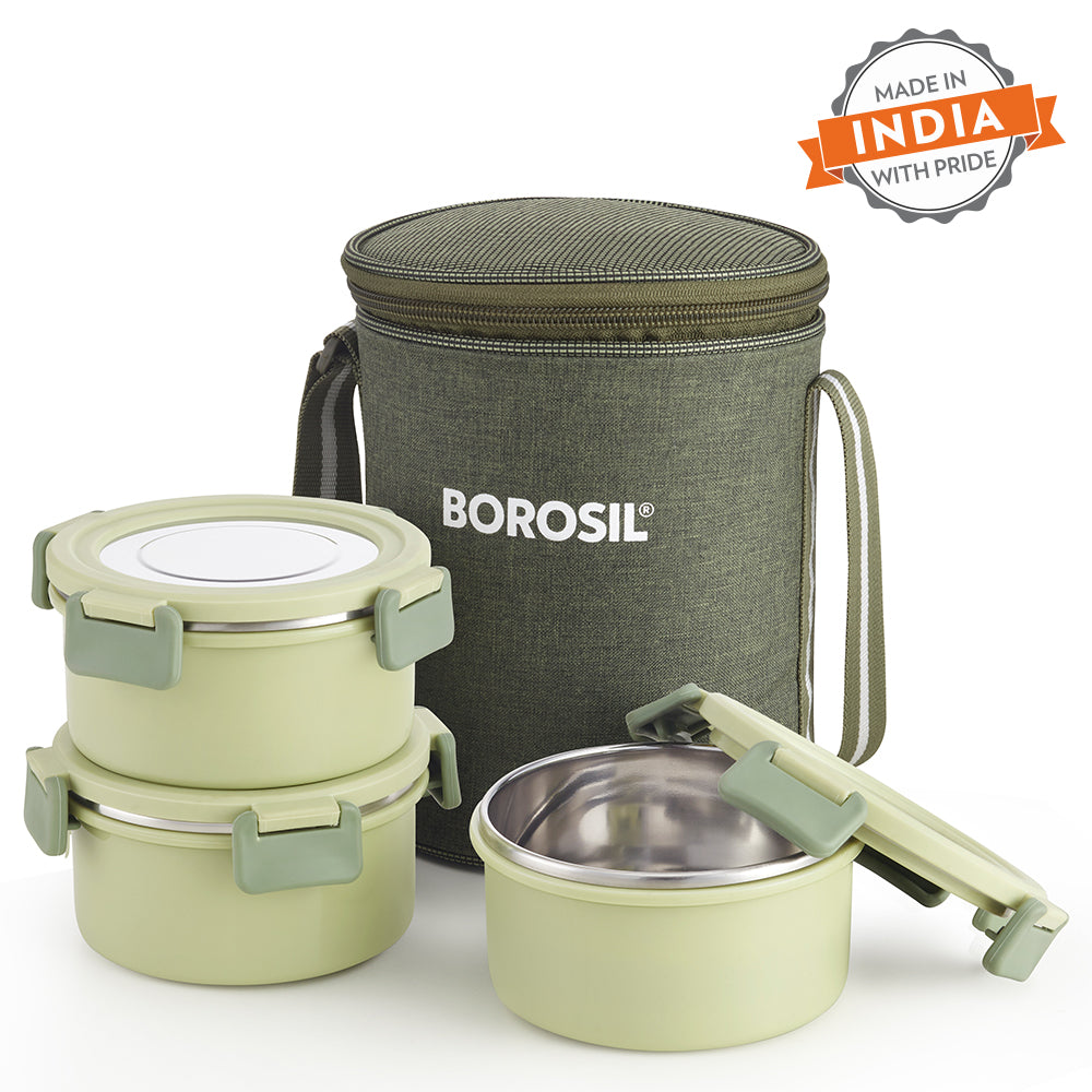 Borosil Glory Green Lunchbox, Set of 3, Tall