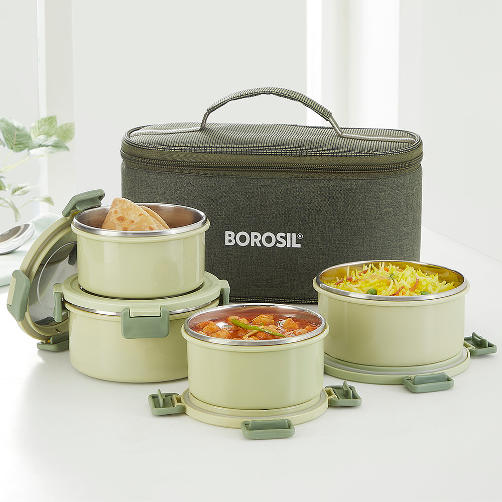Borosil Glory Green Lunchbox, Set of 4, (280ml x 2) + (460ml x 2)