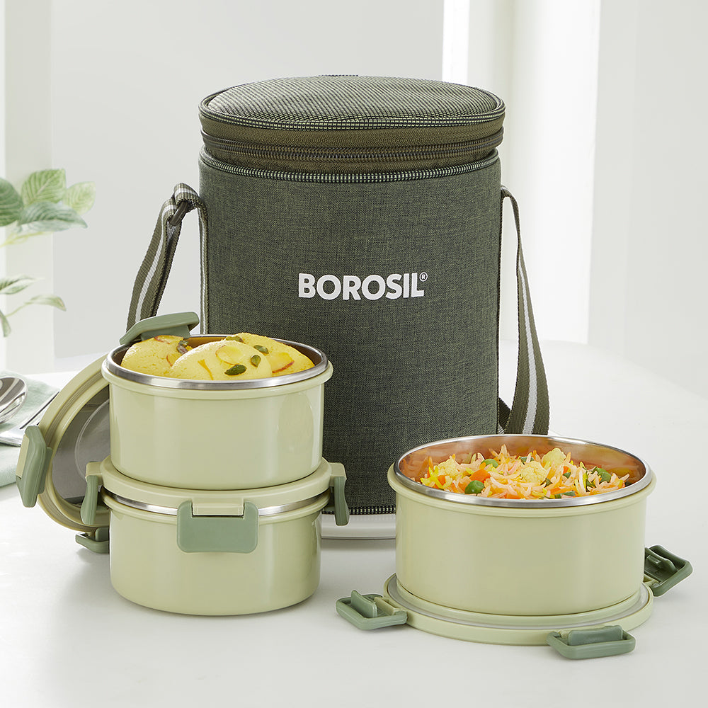 Borosil Glory Green Lunchbox, Set of 3, Tall