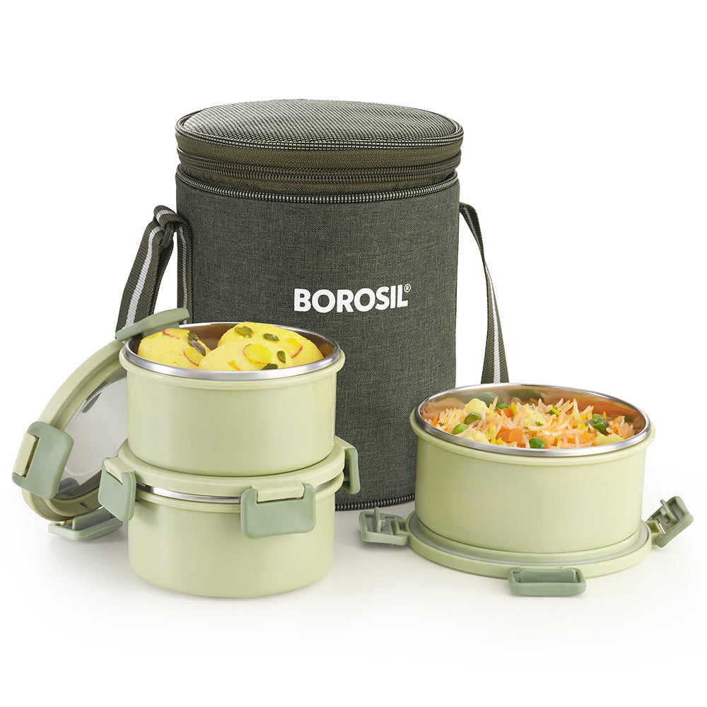 Borosil Glory Green Lunchbox, Set of 3, Tall