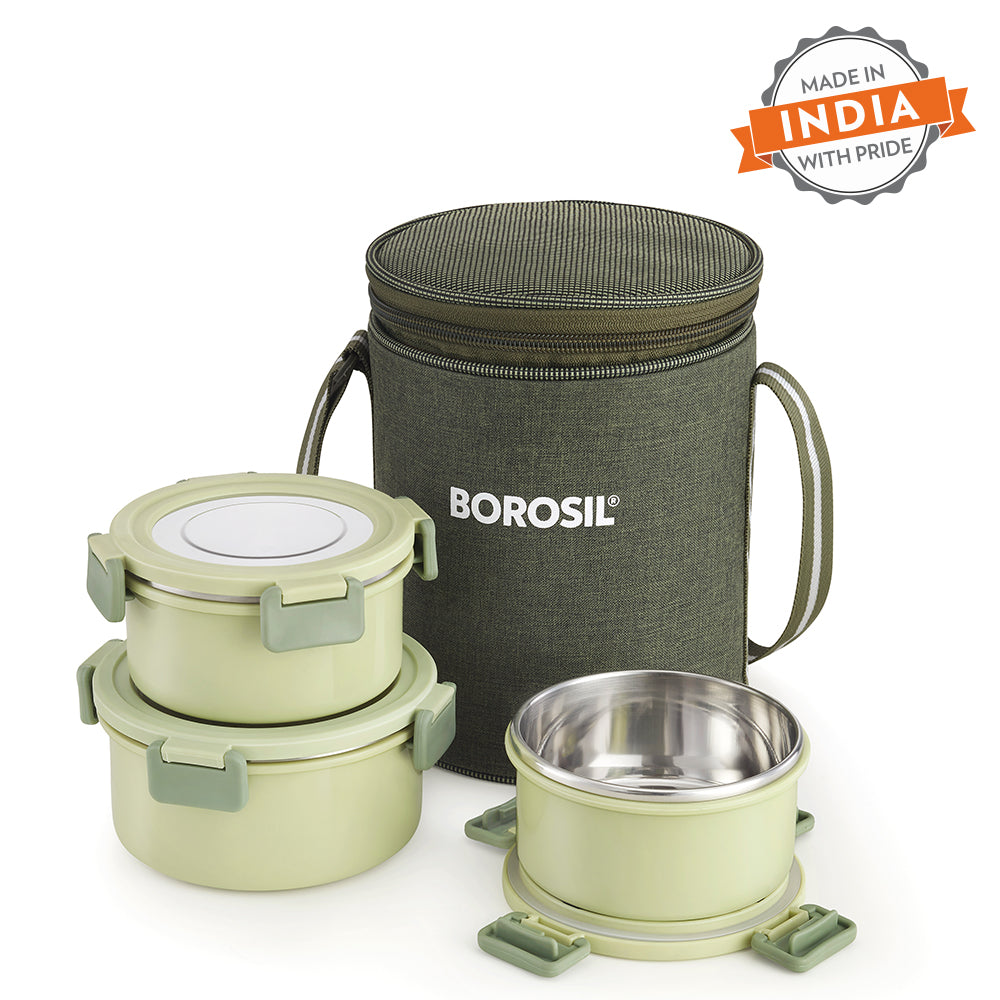 Borosil Glory Green Lunchbox, Set of 3, Tall