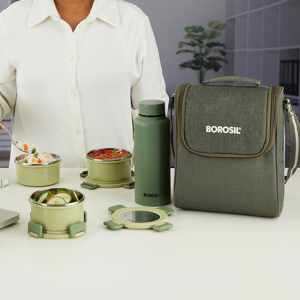 Borosil Glory Green Lunchbox w SS Bottle