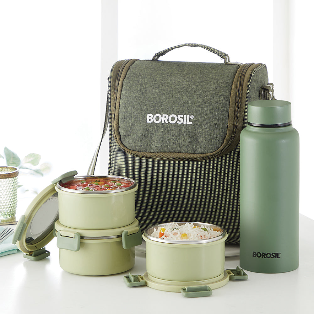 Borosil Glory Green Lunchbox w SS Bottle, (280ml x 3) + (600ml Bottle x 1)