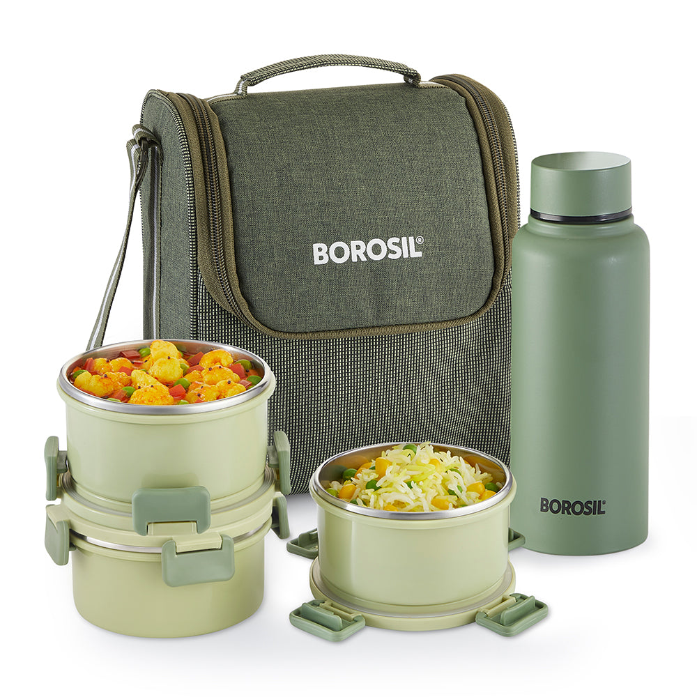 Borosil Glory Green Lunchbox w SS Bottle