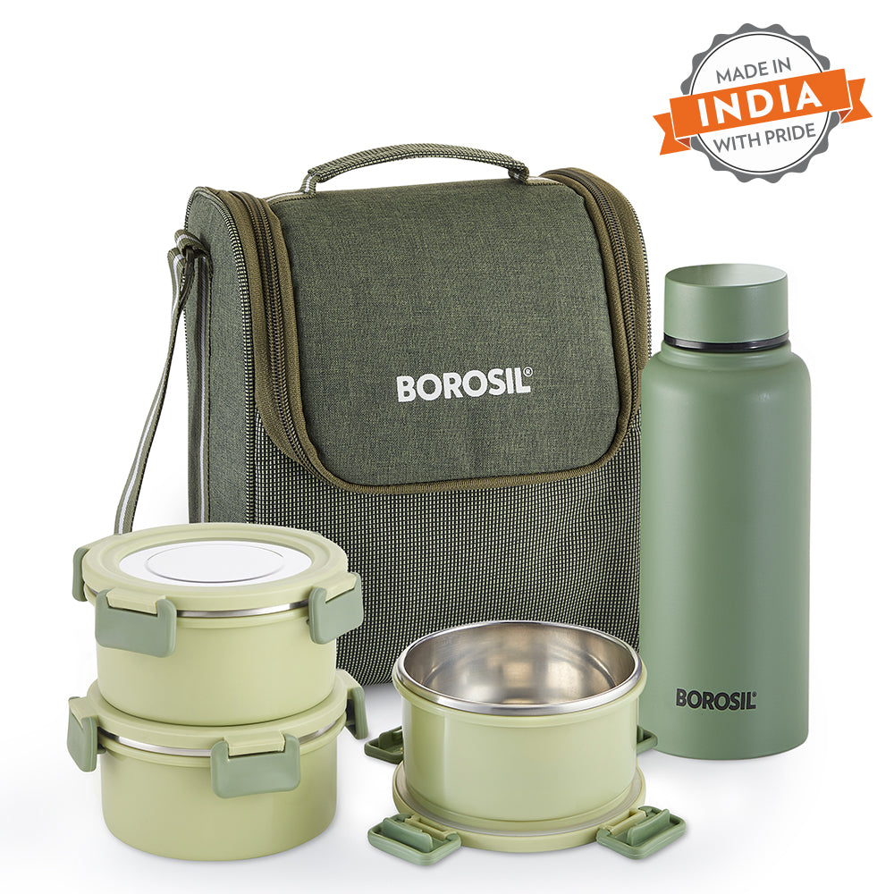 Borosil Glory Green Lunchbox w SS Bottle