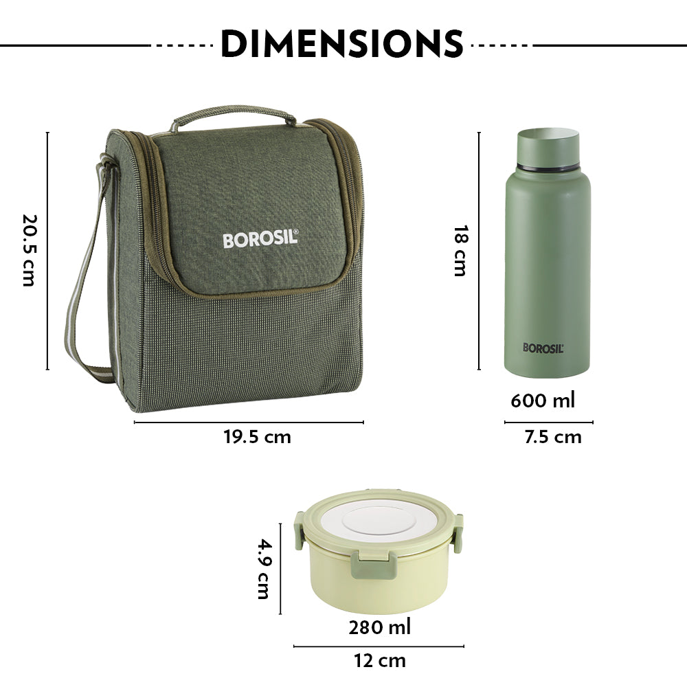 Borosil Glory Green Lunchbox w SS Bottle