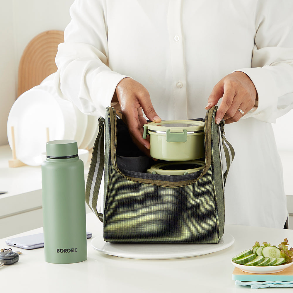 Borosil Glory Green Lunchbox w SS Bottle