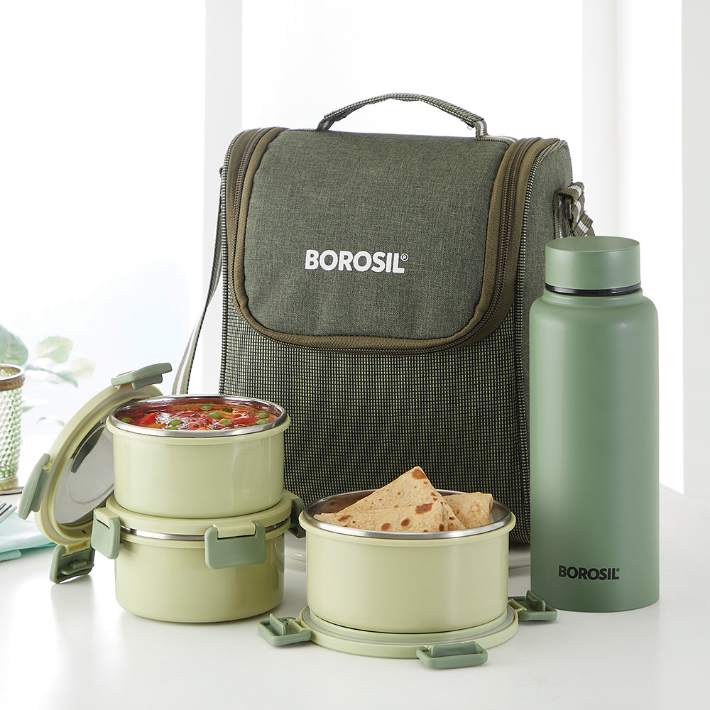 Borosil Glory Green Lunchbox w SS Bottle