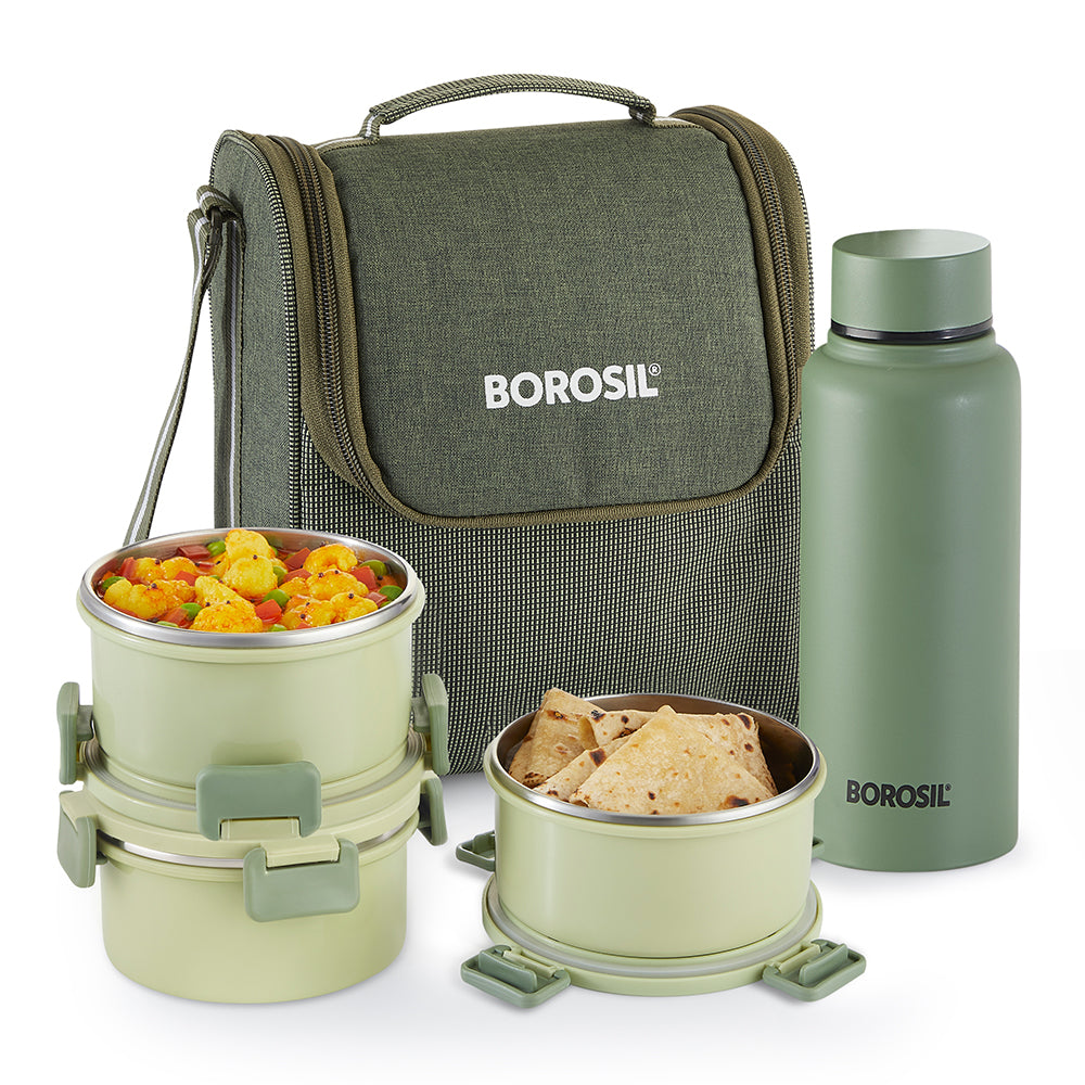 Borosil Glory Green Lunchbox w SS Bottle