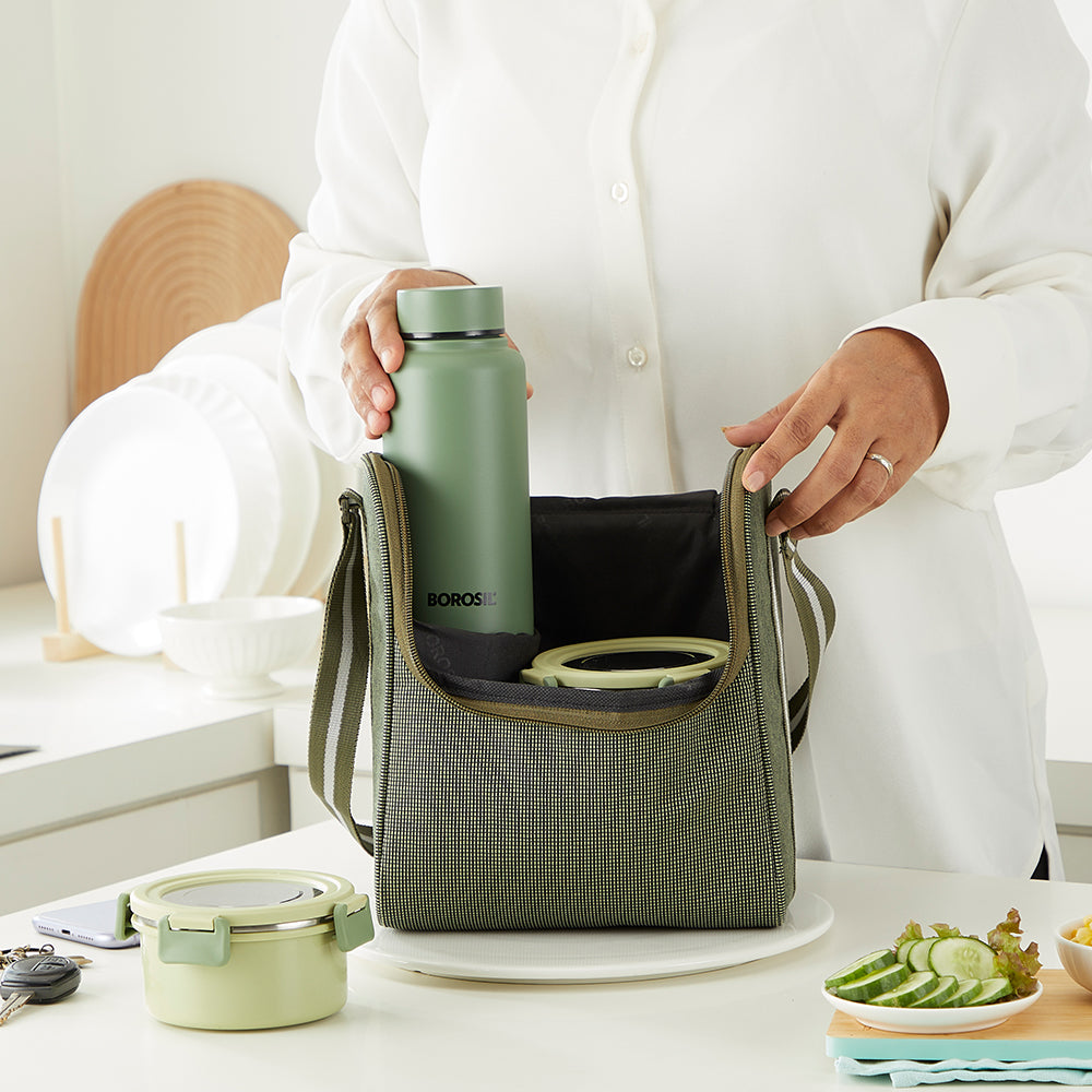 Borosil Glory Green Lunchbox w SS Bottle