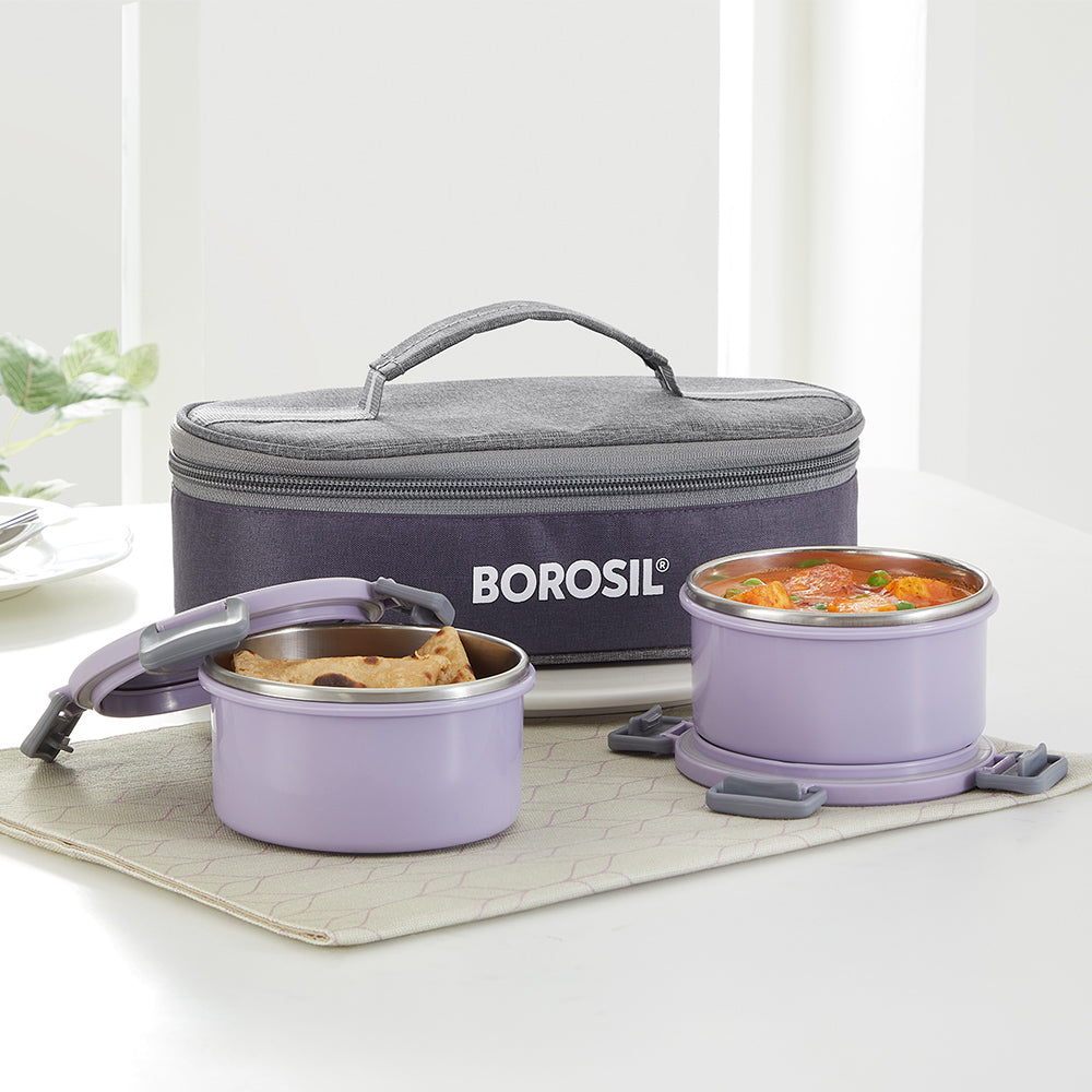 Borosil Glory Lavender Lunchbox, Set of 2, Flat, 280ml