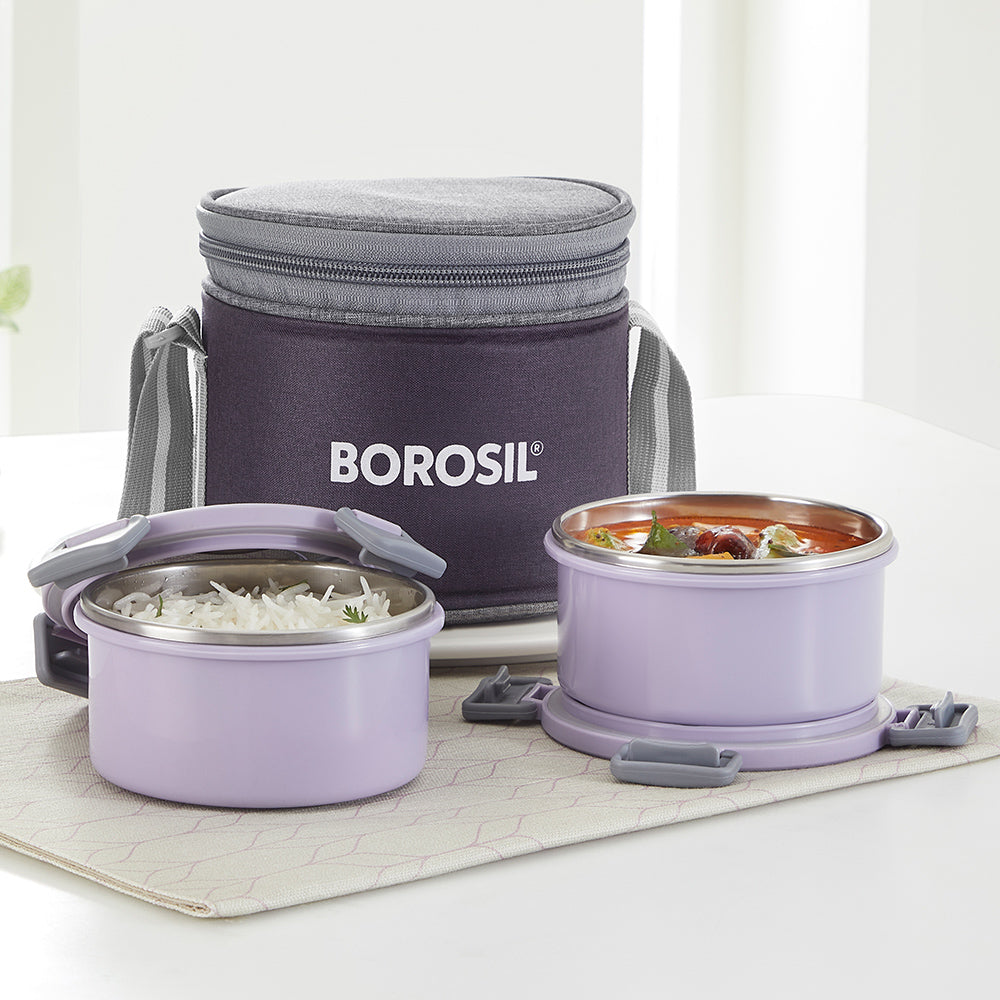 Borosil Glory Lavender Lunchbox, Set of 2, Tall, 280ml