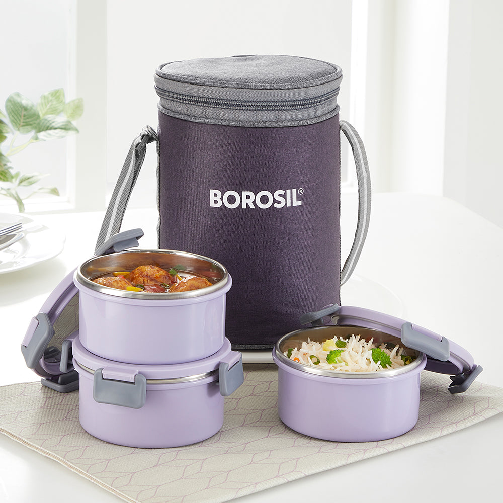 Borosil Glory Lavender Lunchbox, Set of 3, Tall