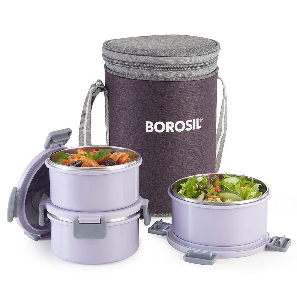 Borosil Glory Lavender Lunchbox, Set of 3, Tall