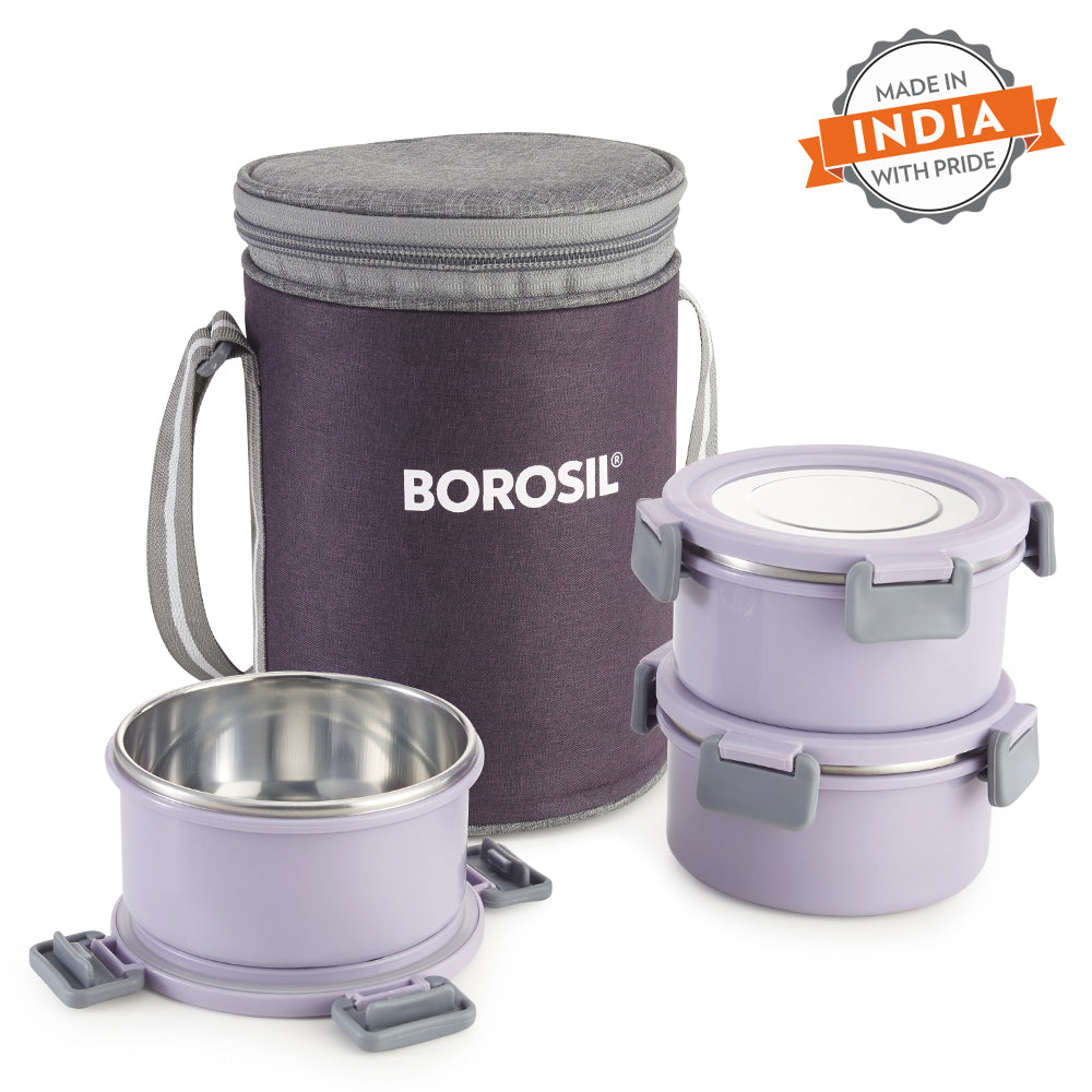 Borosil Glory Lavender Lunchbox, Set of 3, Tall