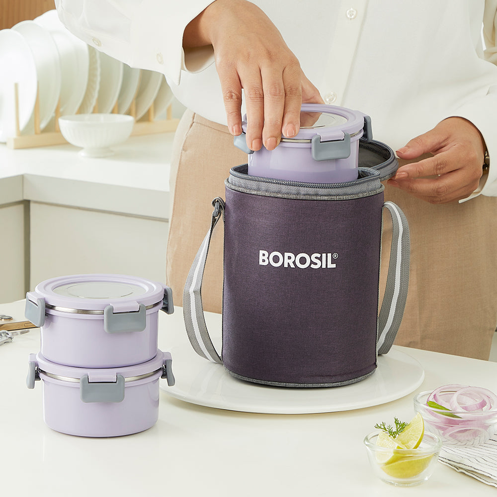 Borosil Glory Lavender Lunchbox, Set of 3, Tall