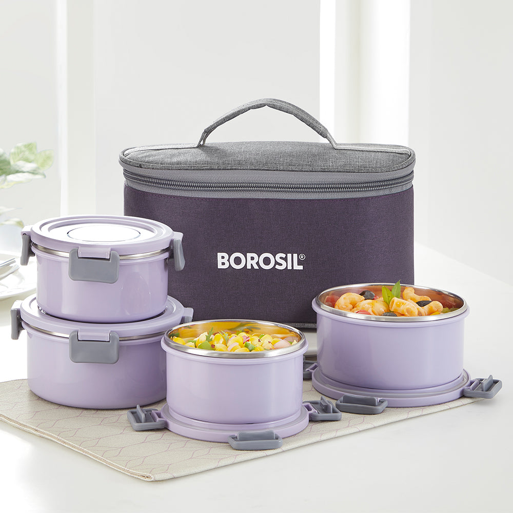 Borosil Glory Lavender Lunchbox, Set of 4