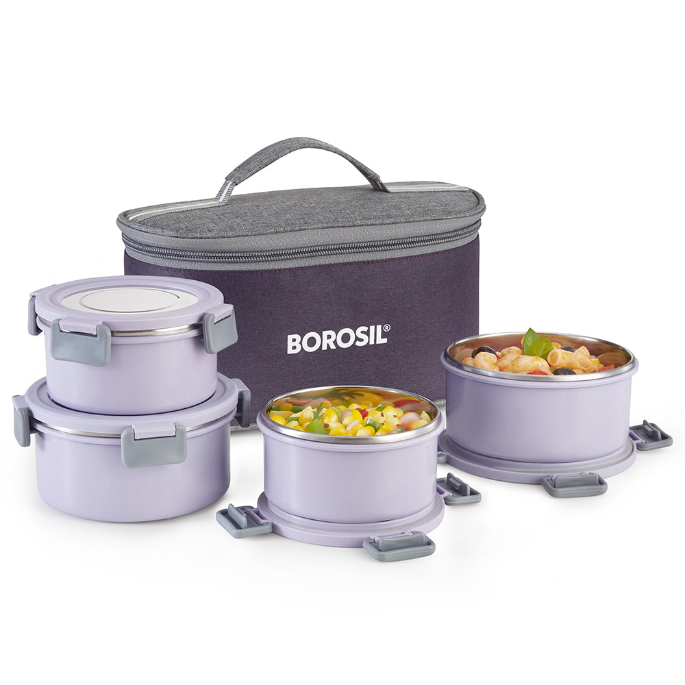 Borosil Glory Lavender Lunchbox, Set of 4